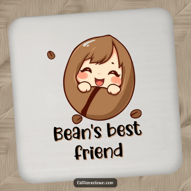 Funny coaster with a character curiously and cheerfully looking at a coffee bean, perfect for protecting surfaces with a humorous, coffee-origin appreciation.