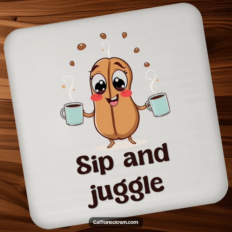 Funny Coffee Bean Coaster: A hyperactive coffee bean juggles steaming mugs, adding caffeine-fueled humor to drink protection.