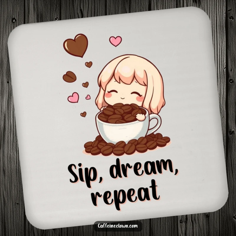 Funny drink coaster with a character dreaming of coffee beans and hearts, protecting surfaces with quirky charm.