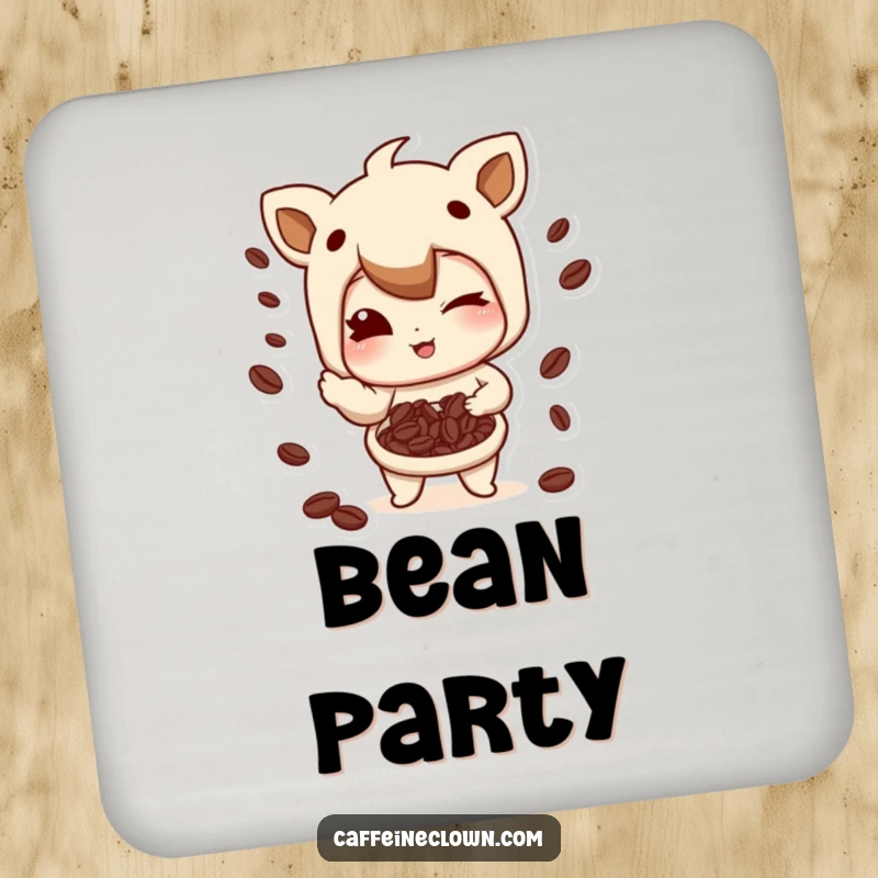 Funny Coaster: Character winking with a playful smirk while juggling coffee beans, safeguarding surfaces with humor.