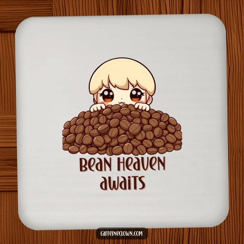 Funny drink coaster depicting a character peeking over a mountain of coffee beans with excited eyes, bringing coffee joy to any table.