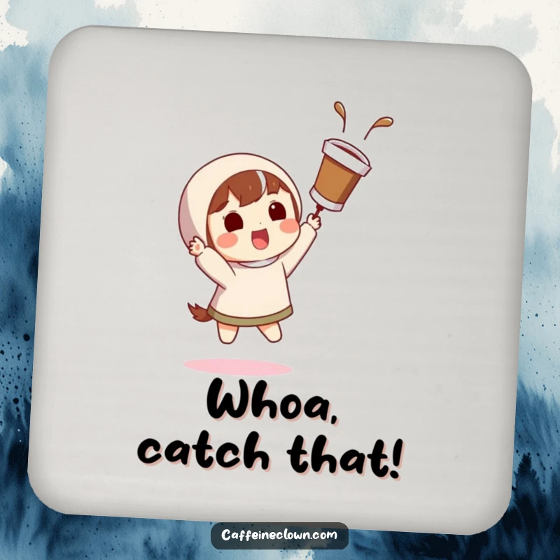 Funny drink coaster with a character catching a flying coffee cup with a surprised grin, protecting surfaces humorously.
