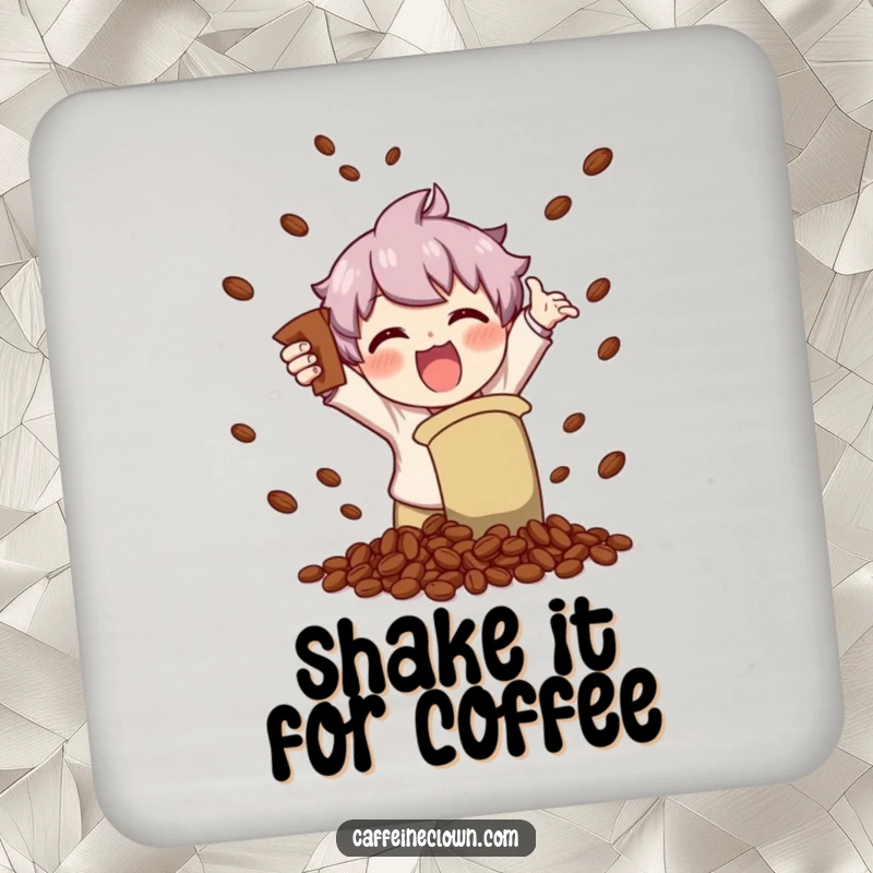 Funny drink coaster with a character enthusiastically shaking a coffee bag, scattering beans with visible glee and excitement.