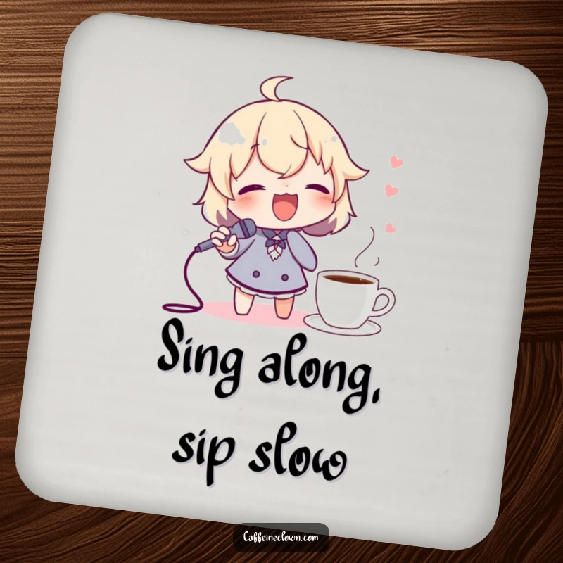 Funny drink coaster featuring a character singing joyfully into a spoon mic, coffee nearby, perfect for music lovers.