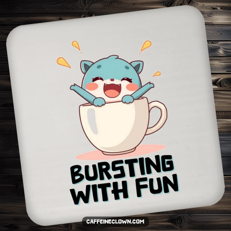 Funny drink coaster showcasing a delighted character bursting from a steaming coffee cup, offering protection with humorous elation.