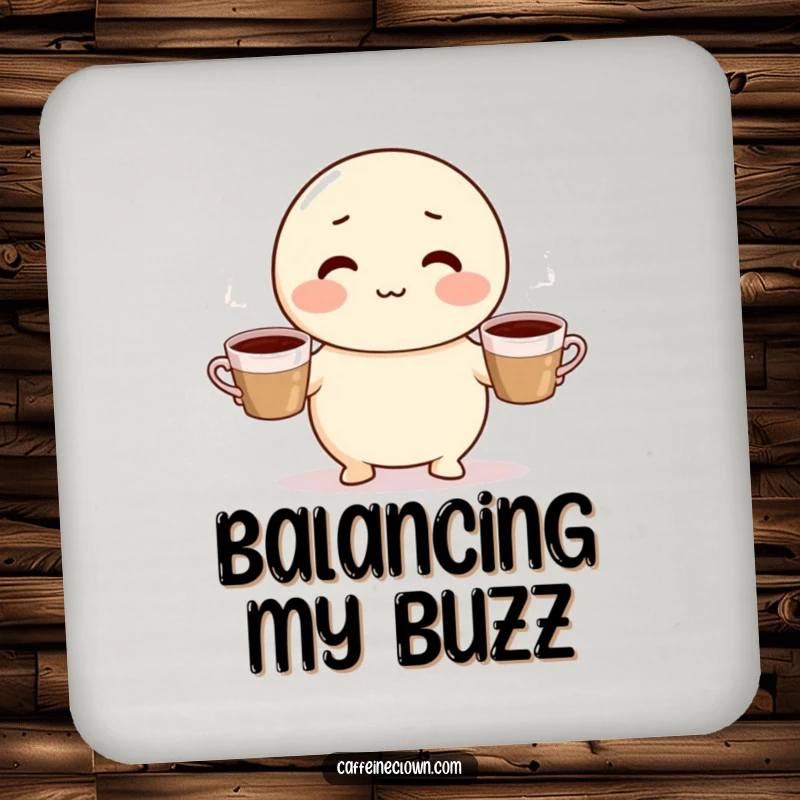 Funny drink coaster showing a cute, round character with rosy cheeks juggling three steaming coffee cups, adding humor to surfaces.