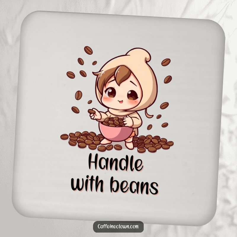 Funny drink coaster featuring a character in playful concentration, juggling coffee beans, adding a touch of skill and coffee-themed fun.