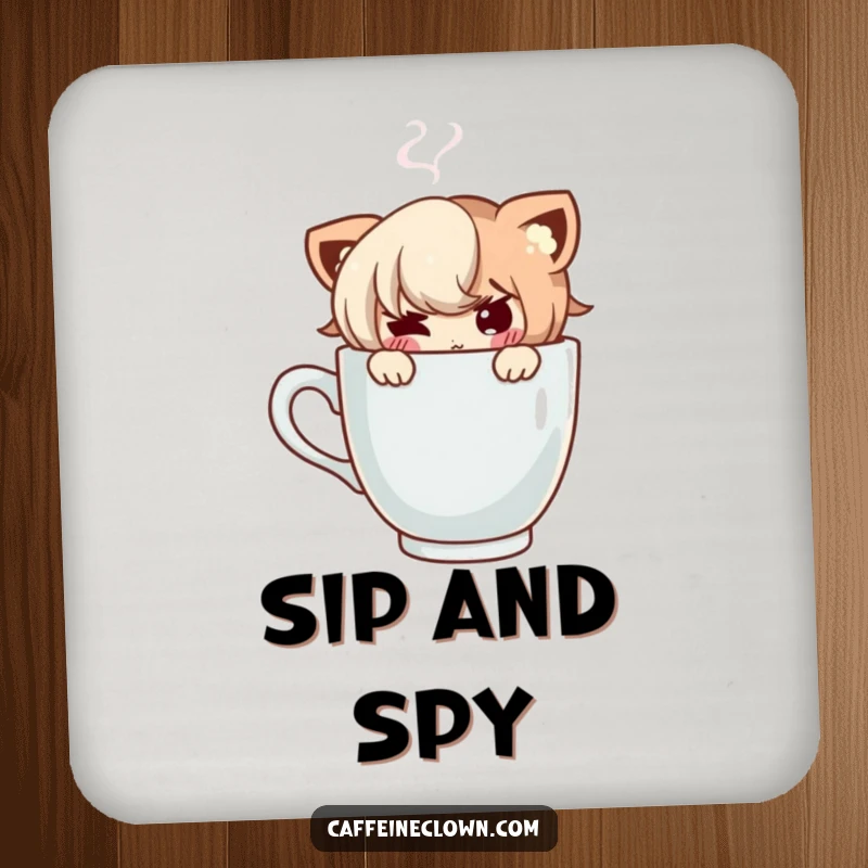 Funny drink coaster with a mischievous character peeking from behind a steaming coffee cup, adding humor to any surface.