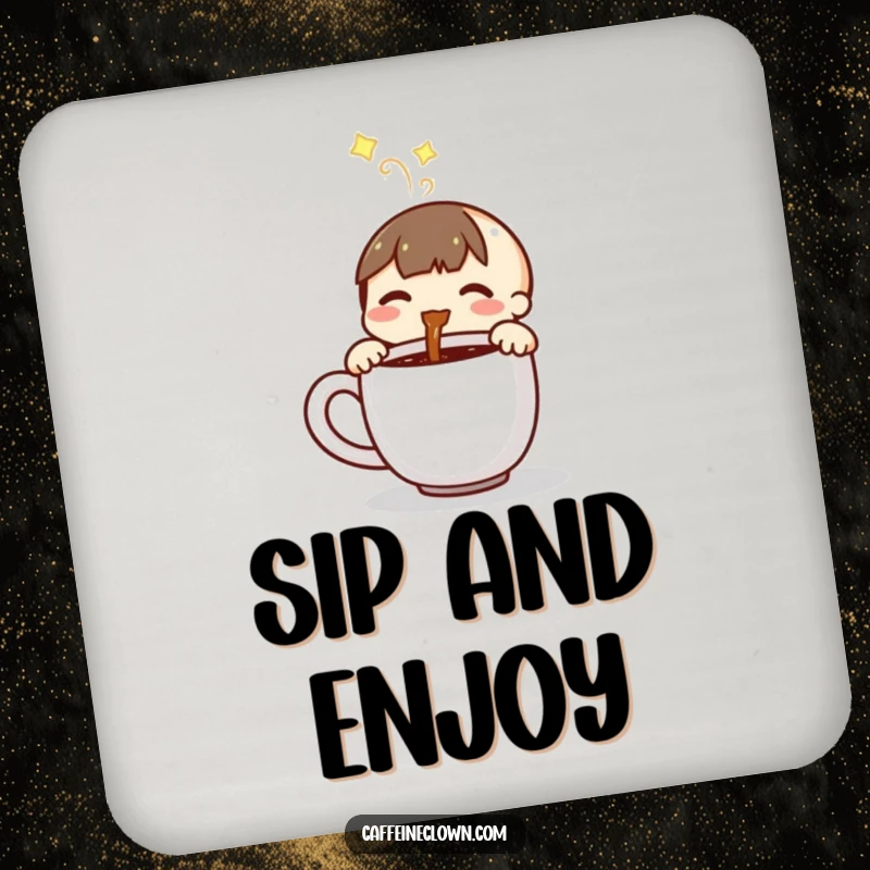 Funny drink coaster featuring a small character joyfully pouring steaming coffee into a mug, perfect for coffee tables.