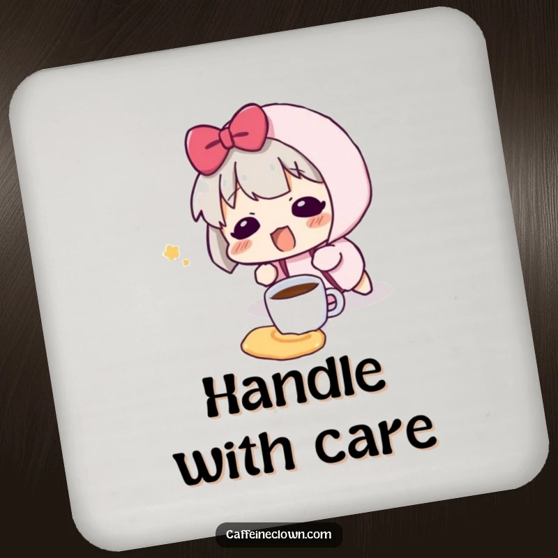 Funny drink coaster featuring a character tripping and spilling a tiny coffee cup, with a surprised blush.