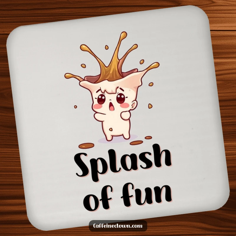 Funny tiny character with a surprised expression and a coffee splash erupting upwards, on protective drink coasters.