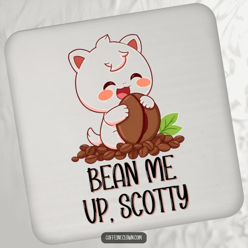 Funny Drink Coaster showing a cute character giggling while holding a coffee bean, adding humor to any table setting.