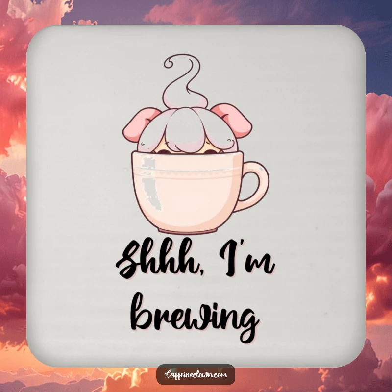 Funny coaster featuring a character peeking over a steaming coffee mug, protecting surfaces with a humorous, stealthy coffee-loving design.