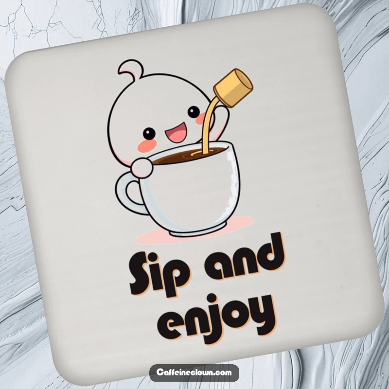 Funny Coaster: Kawaii character gleefully pouring coffee into a gigantic cup, safeguarding furniture with humor.