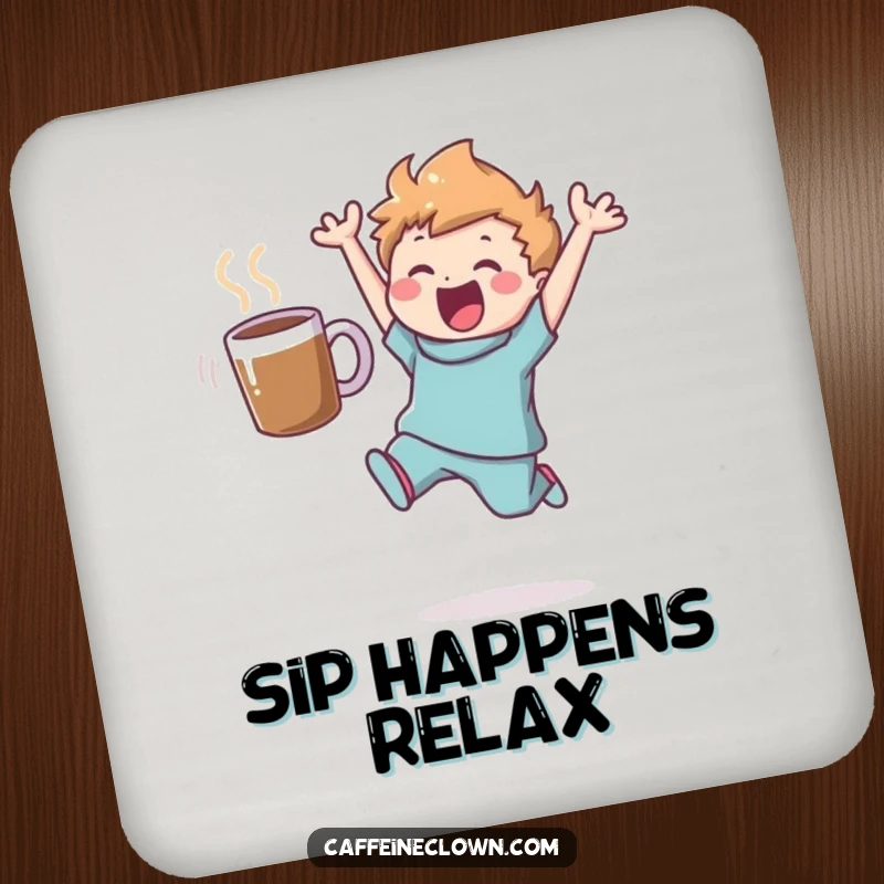 Funny drink coaster featuring a leaping figure with a coffee mug, protecting surfaces with style and a humorous caffeine-inspired design.
