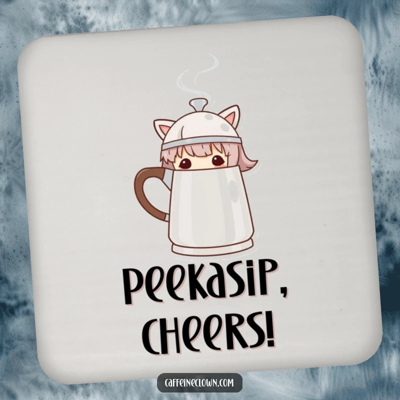 Funny Drink Coaster showing a character peeking from behind a steaming coffee pot, perfect for adding quirky charm.