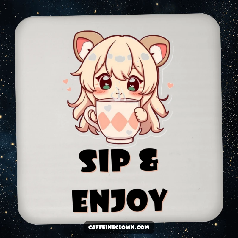 Funny drink coaster set with a character whose eyes sparkle, joyfully sipping from a steaming cup, protecting surfaces with charm.