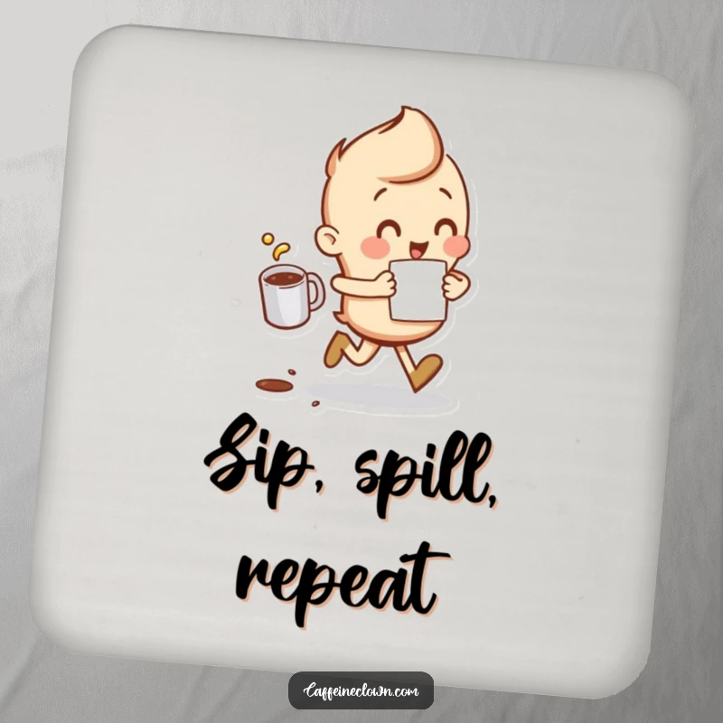 Funny Drink Coaster showing a character running with a coffee cup and a small spill, perfect for adding quirky humor.