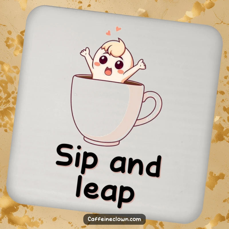 Funny Drink Coaster: A startled character jumps out of a giant coffee cup, protecting surfaces with a humorous illustration.