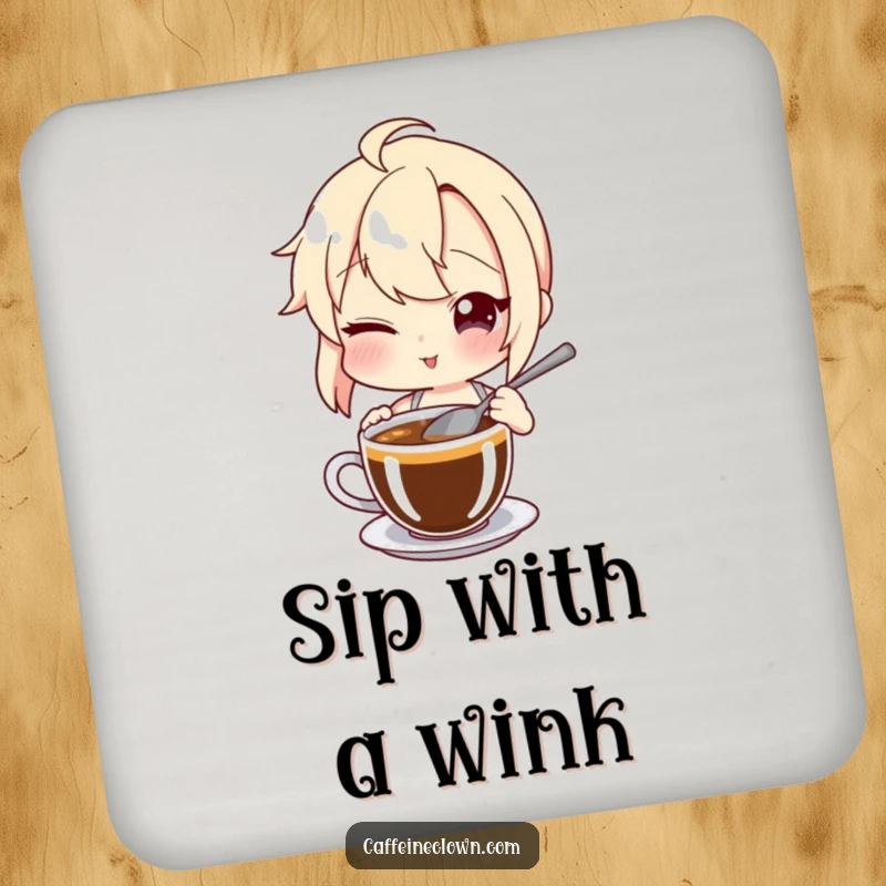 Funny Drink Coaster: A character winks while stirring coffee, adding a playful and humorous touch to protect surfaces.