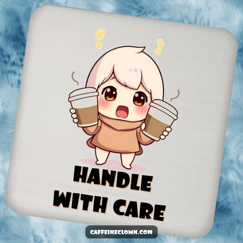 Funny drink coaster featuring a surprised character juggling three coffee cups, perfect for coffee tables and busy households.