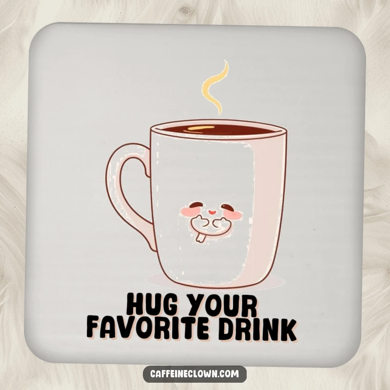 Funny drink coaster featuring a sweet character hugging a steaming coffee mug, providing surface protection with a cozy and humorous design.