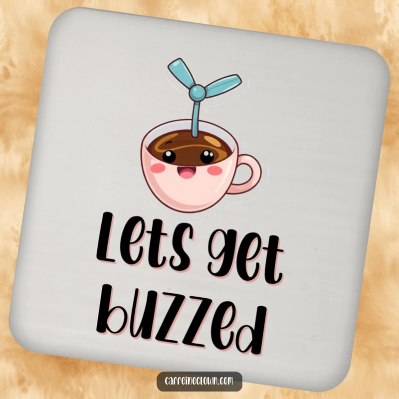 Funny flying coffee coaster with a cheerful coffee cup and a tiny propeller, airborne and whimsical, a functional and humorous home accessory.