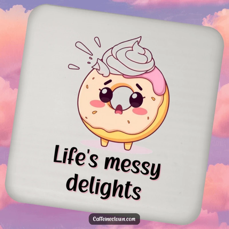 Funny donut coaster showing a surprised donut character unexpectedly sprayed with whipped cream, a functional and humorous home accessory.