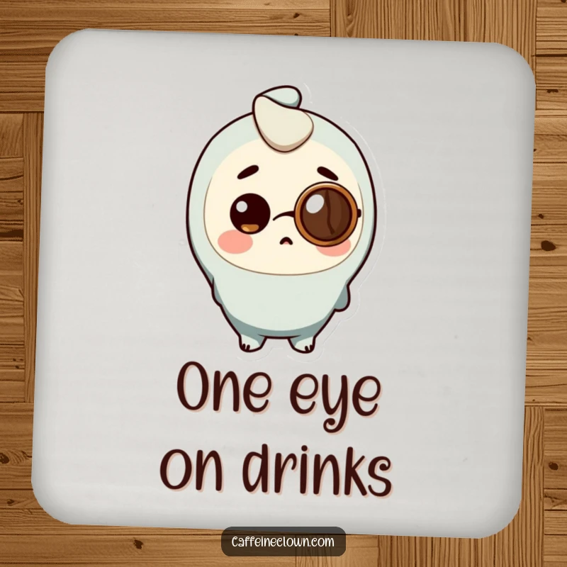 Funny Drink Coaster with a character wearing a coffee bean monocle, looking surprised, protecting furniture.