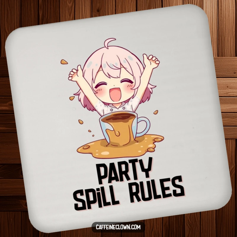 Funny coaster with a character happily spilling coffee with flailing arms, perfect for protecting surfaces with a humorous, chaotic coffee vibe.