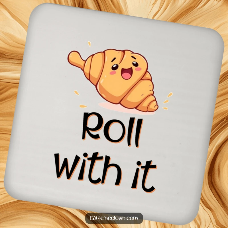 Funny croissant escape coaster showing a clumsy croissant character rolling away from a giant rolling pin, a functional and humorous home accessory.