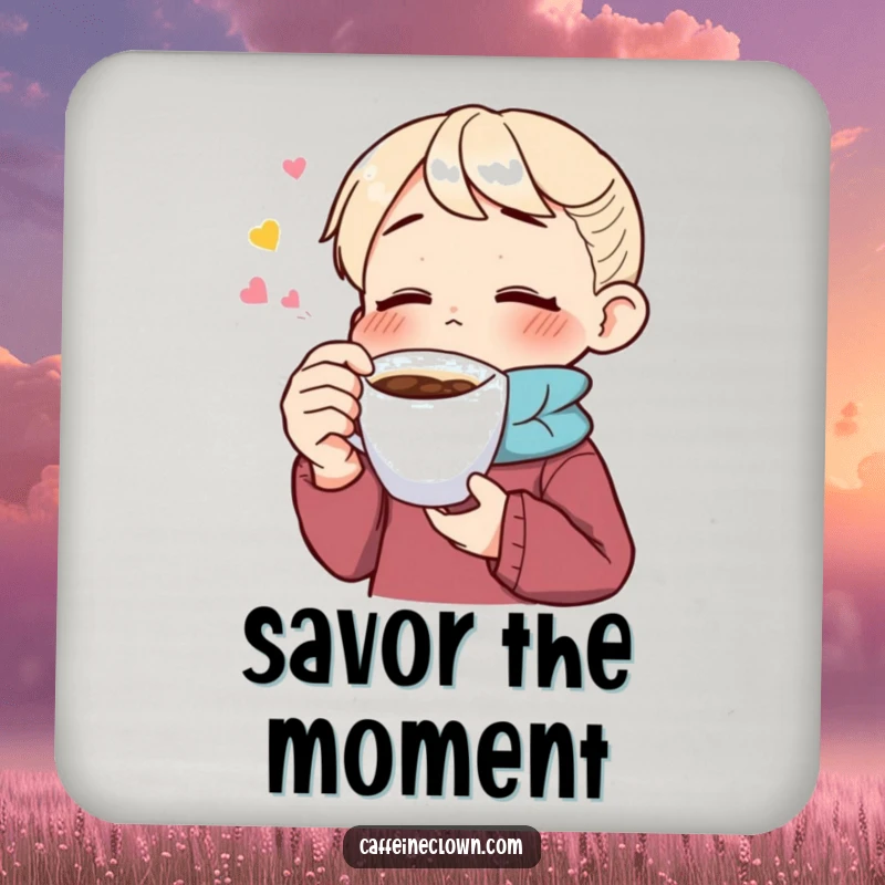 Funny drink coaster featuring a character savoring coffee with eyes closed, providing stylish surface protection and a humorous coffee-lover design.