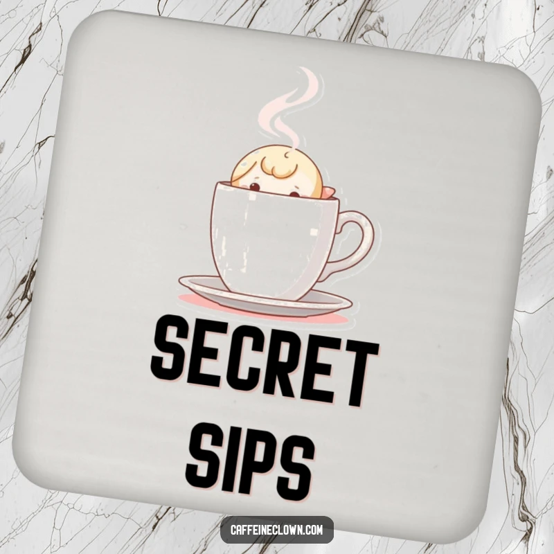 Funny Coaster: Tiny character peeking out with curiosity from behind a steaming coffee cup, safeguarding surfaces with charm.