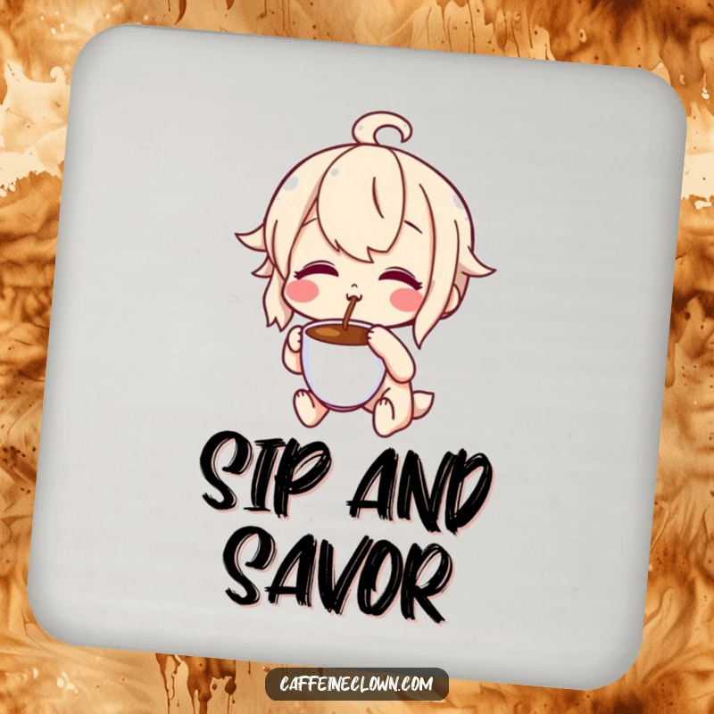 Funny coaster with a character making a delighted, puckered face tasting coffee, perfect for protecting surfaces with humorous flavor appreciation.