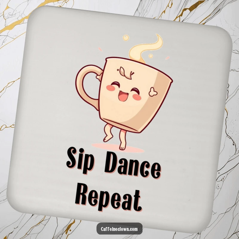 Funny drink coaster featuring a character dancing with a steaming coffee cup, adding a touch of playful energy to your tabletop.