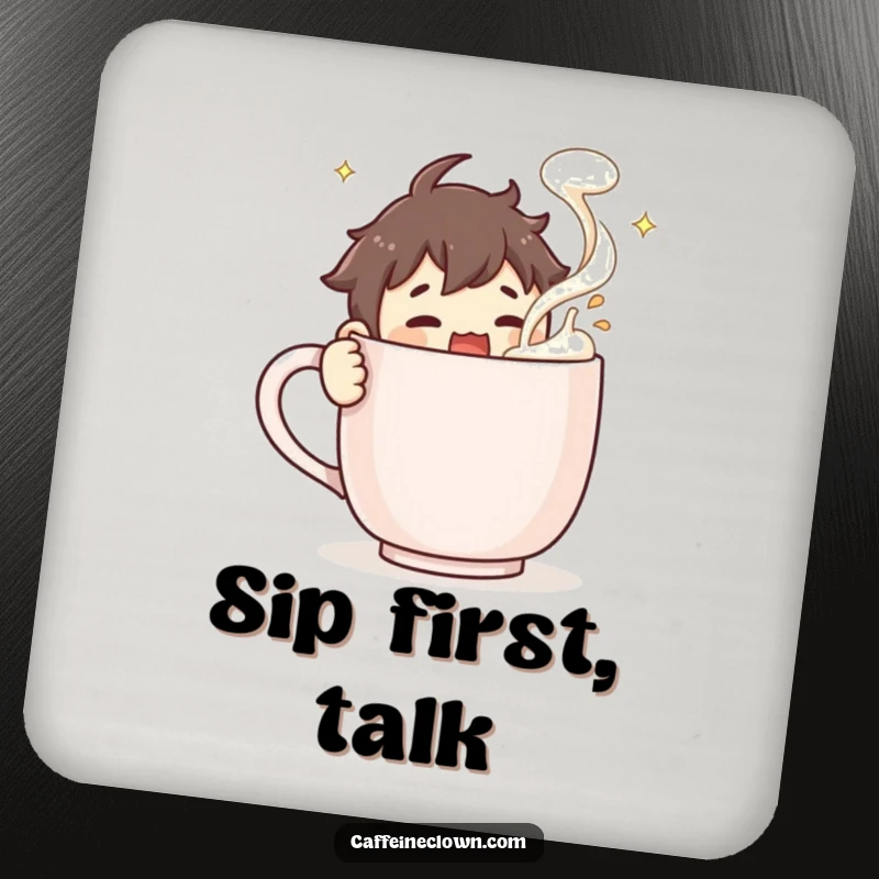 Funny Coaster: Character stirring a giant steaming coffee mug with froth flying, protecting surfaces with a smile.