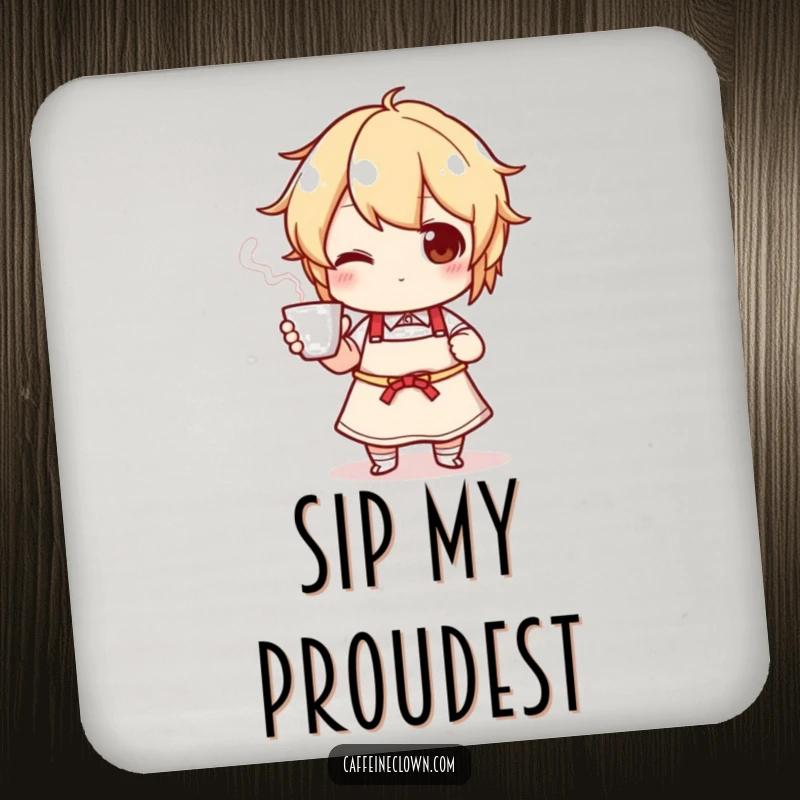 Funny drink coaster showing a character in an apron proudly presenting a steaming cup, adding kitchen humor to tables.