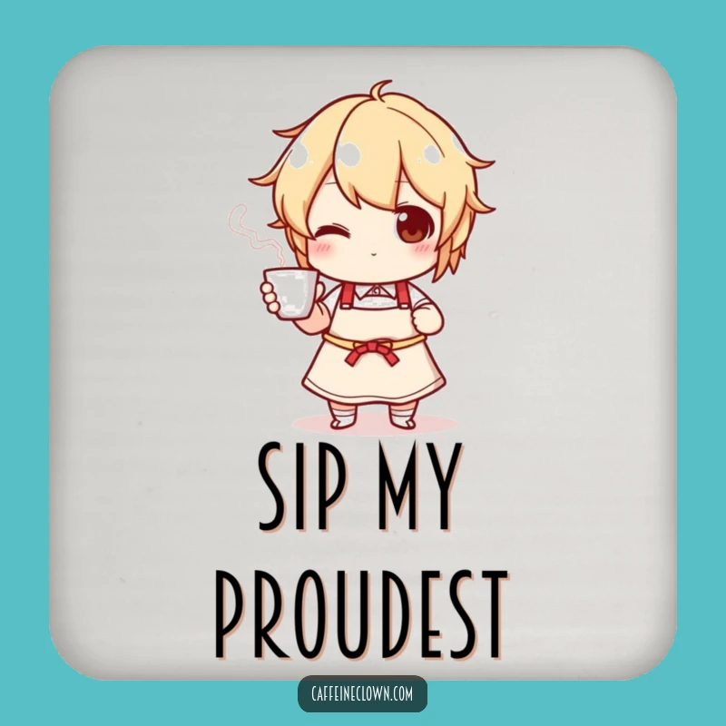 Funny Kitchen Coaster: Apron Character Serves Hot Drink!