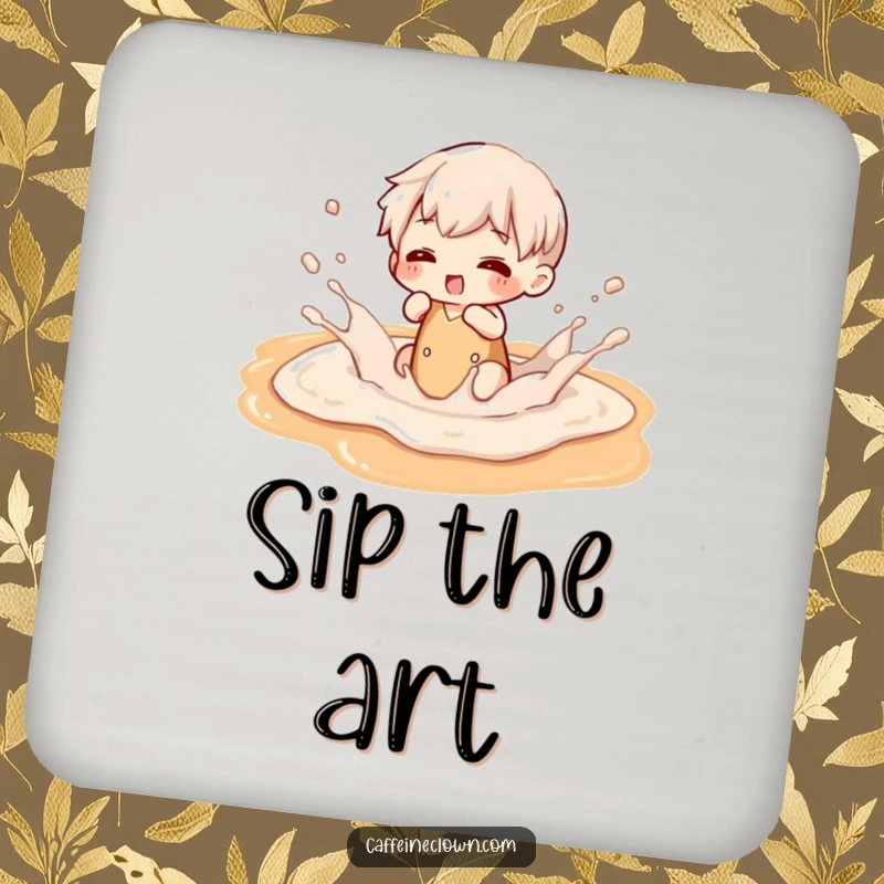 Funny drink coaster with a character joyfully splashing in latte art, adding a humorous touch to any table setting.