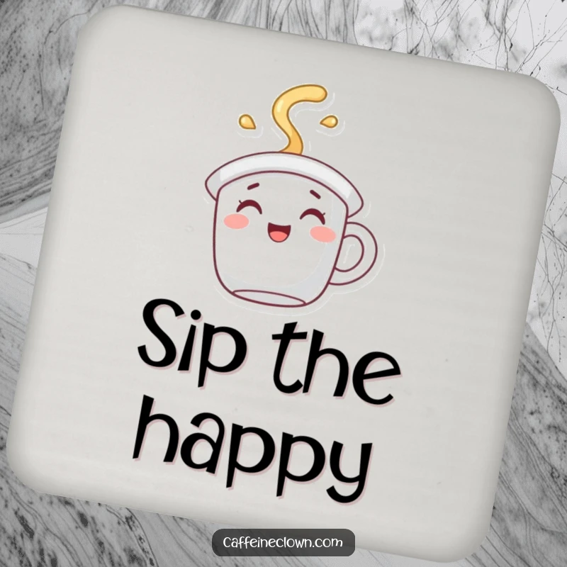 Funny Drink Coaster with a character wearing a coffee mug hat, spilling joyful steam, protecting furniture.