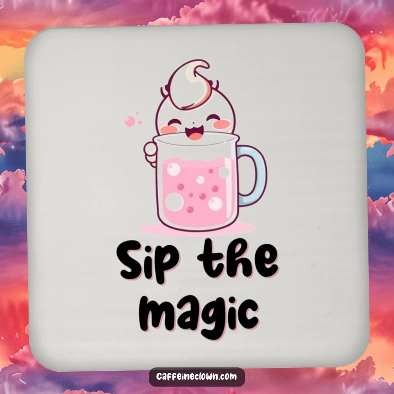Funny drink coaster set with a kawaii character mixing bubbling liquids in a large mug, offering protection and charm.