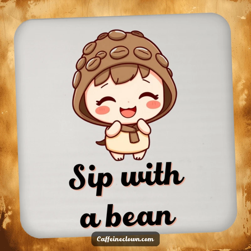 Funny drink coaster with a cute kawaii character wearing a coffee bean hat, giggling playfully, adding charm to surfaces.