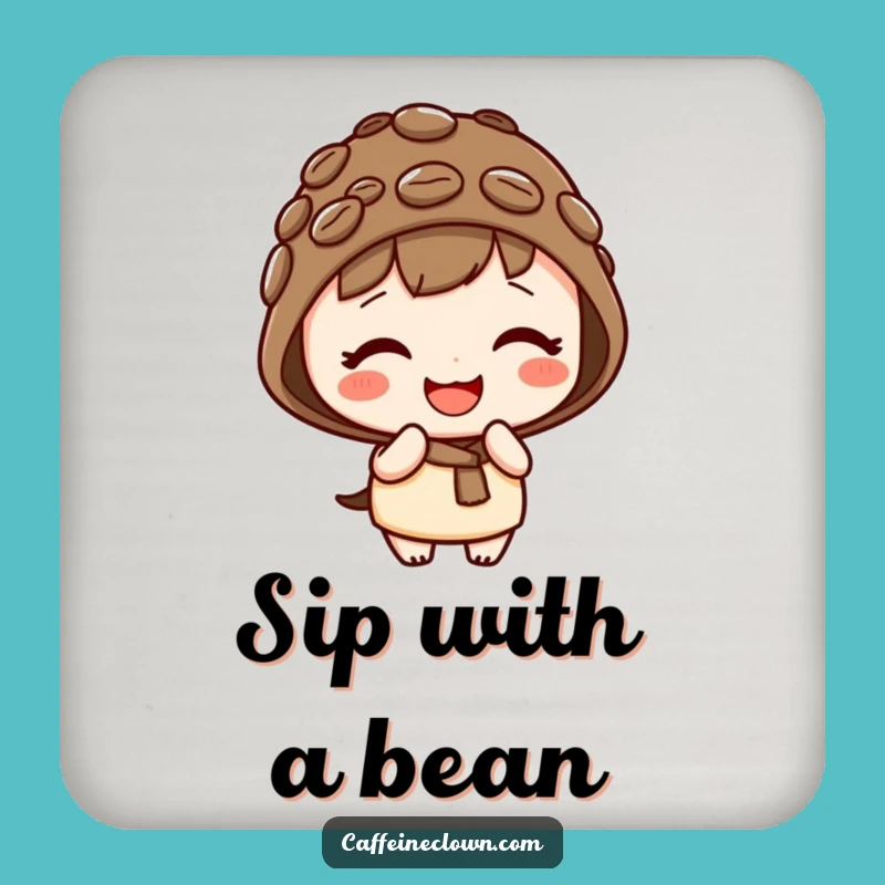 Funny Coffee Coaster: Kawaii Giggling Bean Hat Character, Cute Protection