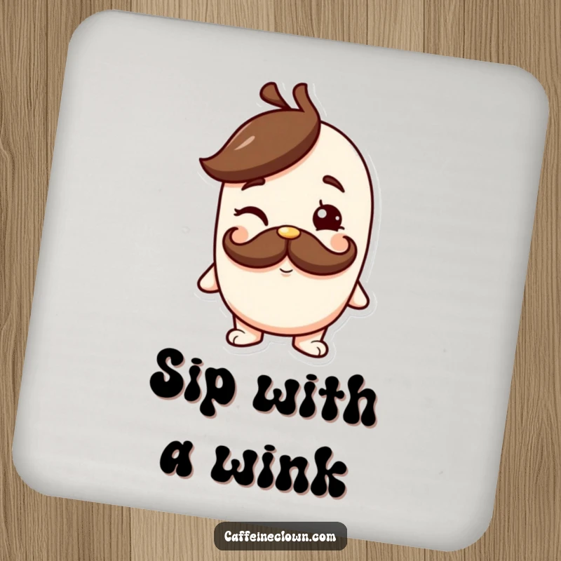 Funny drink coaster featuring a character with a coffee mustache giving a cheeky wink, adding a touch of playful elegance to any tabletop.
