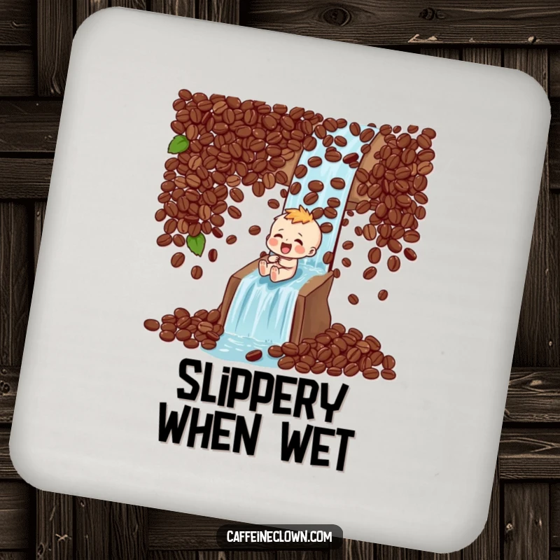 Funny Coaster: Character laughs while sliding down a coffee bean waterfall, protecting surfaces with a smile.