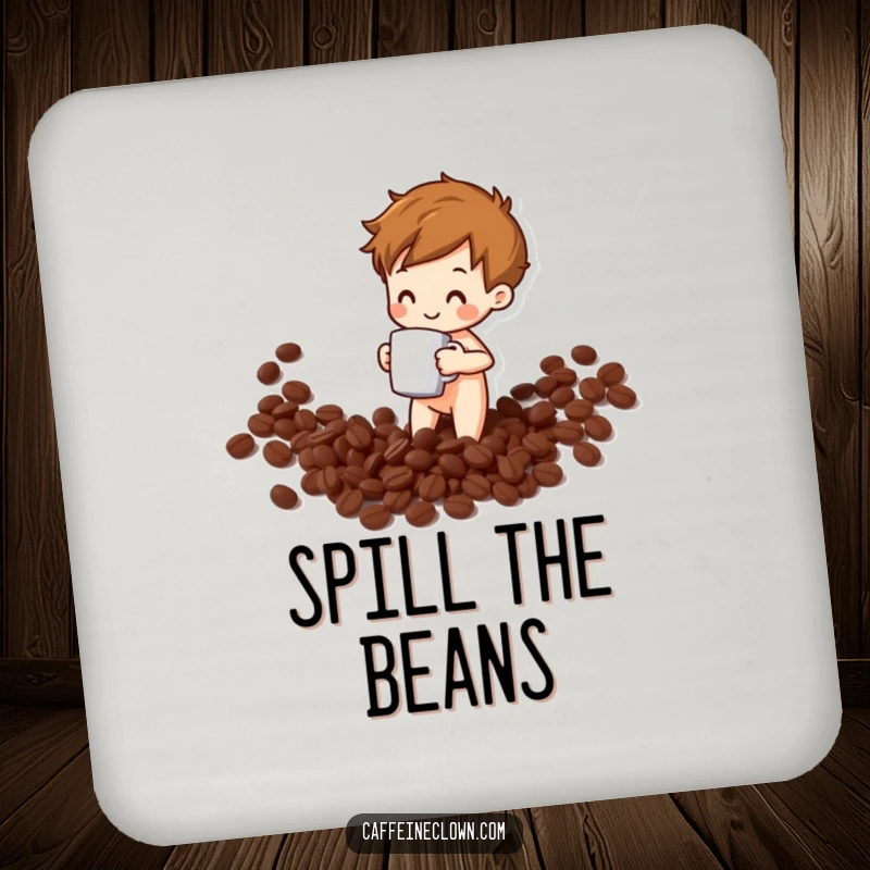 Funny drink coaster with a design of a character spilling coffee beans from a mug, adding whimsical humor to tabletops.