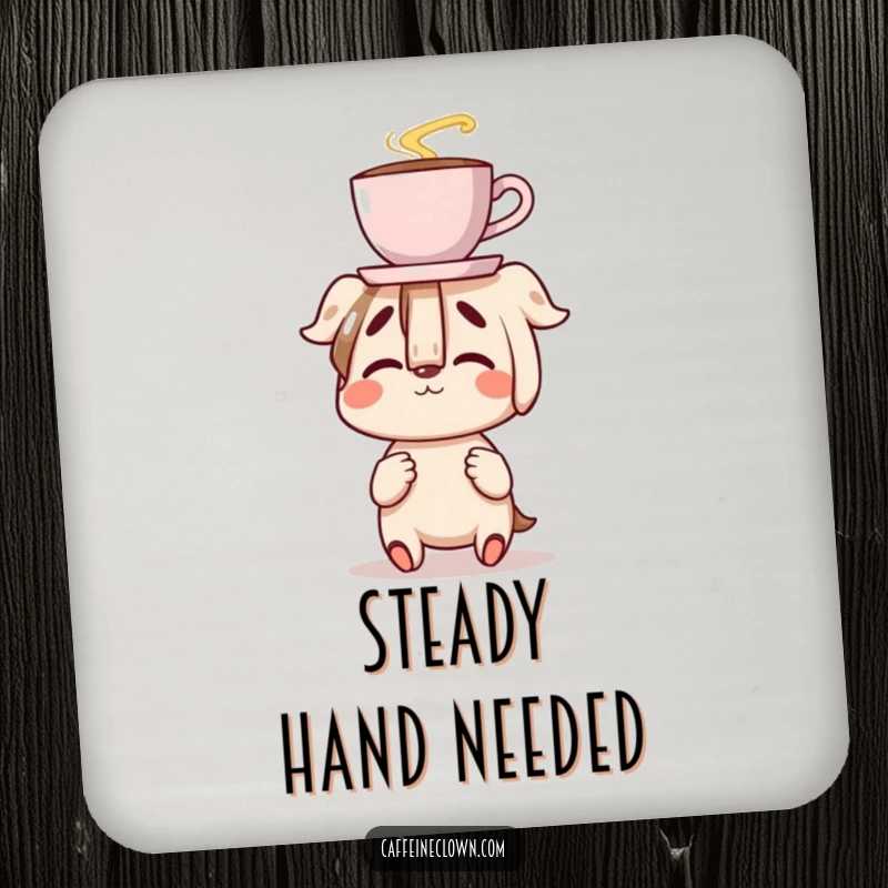 Funny coaster with a character clumsily balancing a coffee cup on their nose, perfect for protecting surfaces with a humorous, clumsy coffee vibe.
