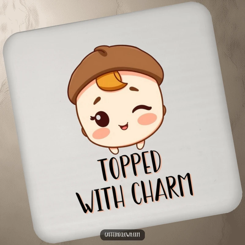 Funny drink coaster with a winking character in a coffee bean hat, protecting surfaces with quirky charm.