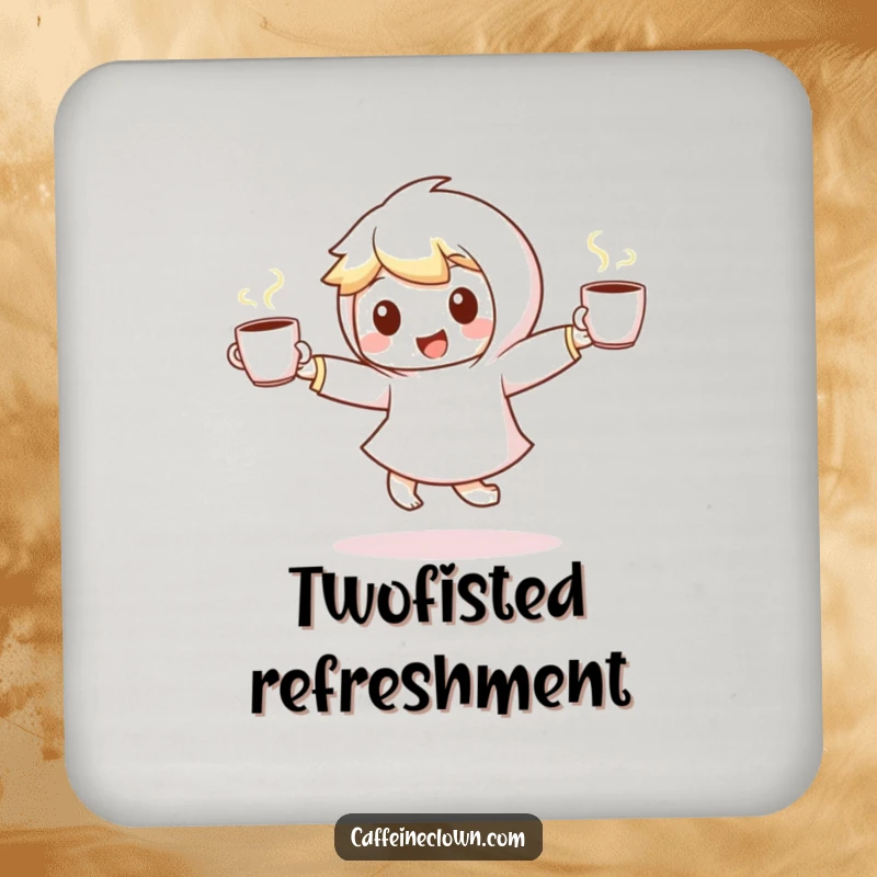 Funny drink coaster showcasing a small, energetic character dancing with steaming coffee cups, protecting surfaces with a smile.