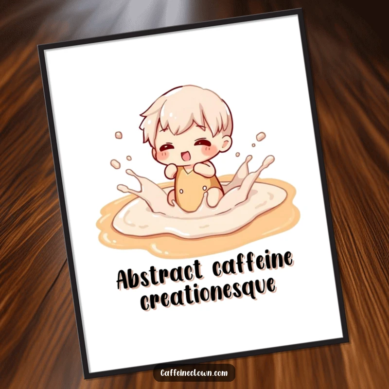 Funny poster art of a character mid-splash in a delicious latte art puddle, conveying pure coffee-fueled delight.